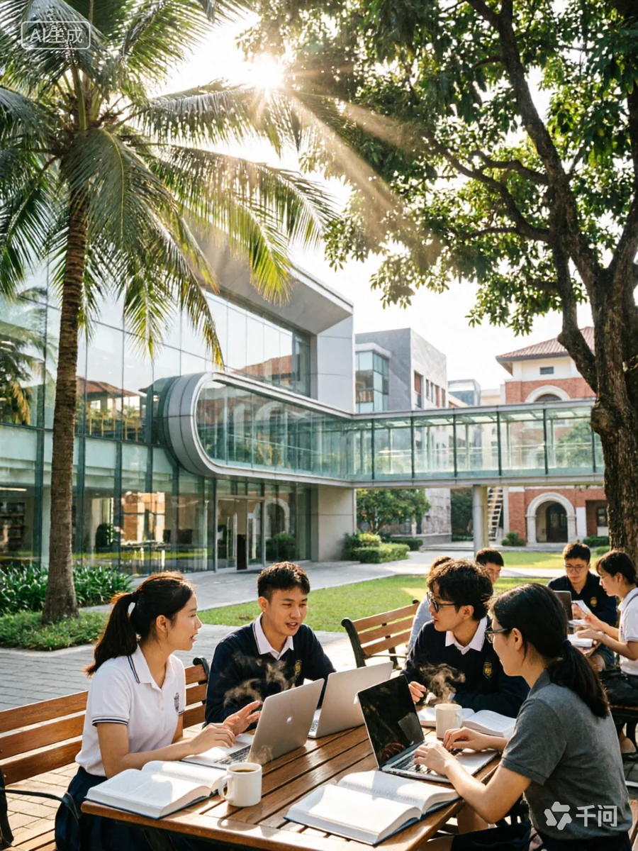 马来西亚校园里，学习在树影与阳光之间发生